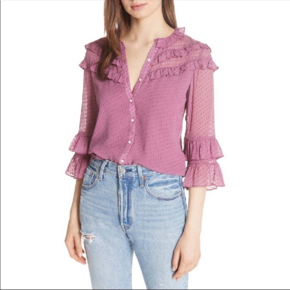 Rebecca Taylor Swiss Dot Satin Dot Ruffle Purple Blouse button down Long Sleeve